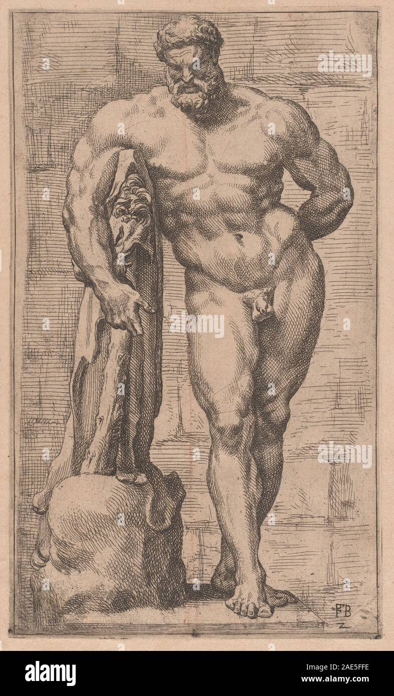 Questa incisione di Francesco Perrier, datata 1638, raffigura la vista frontale della statua di Ercole Farnese. L'opera enfatizza la scultura classica, l'anatomia umana e lo stile di incisione europeo del XVII secolo. Foto Stock