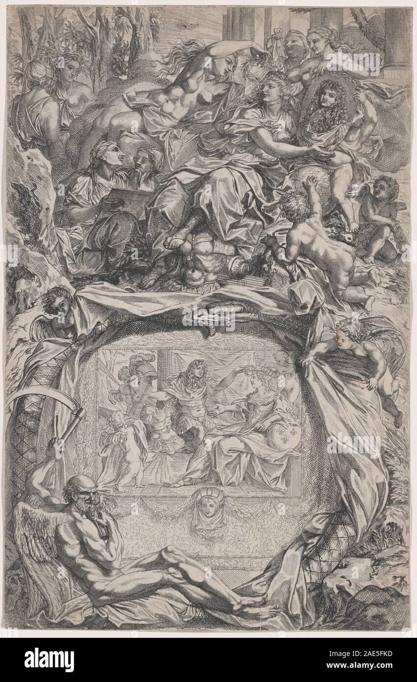 Un dipinto del 1690 di Francesco Verdier raffigurante la Francia personificata e incoronata con la vittoria da Luigi XIV, mostrando figure allegoriche, tendaggi e oggetti simbolici. L'opera riflette l'arte storica e allegorica francese barocca. Foto Stock