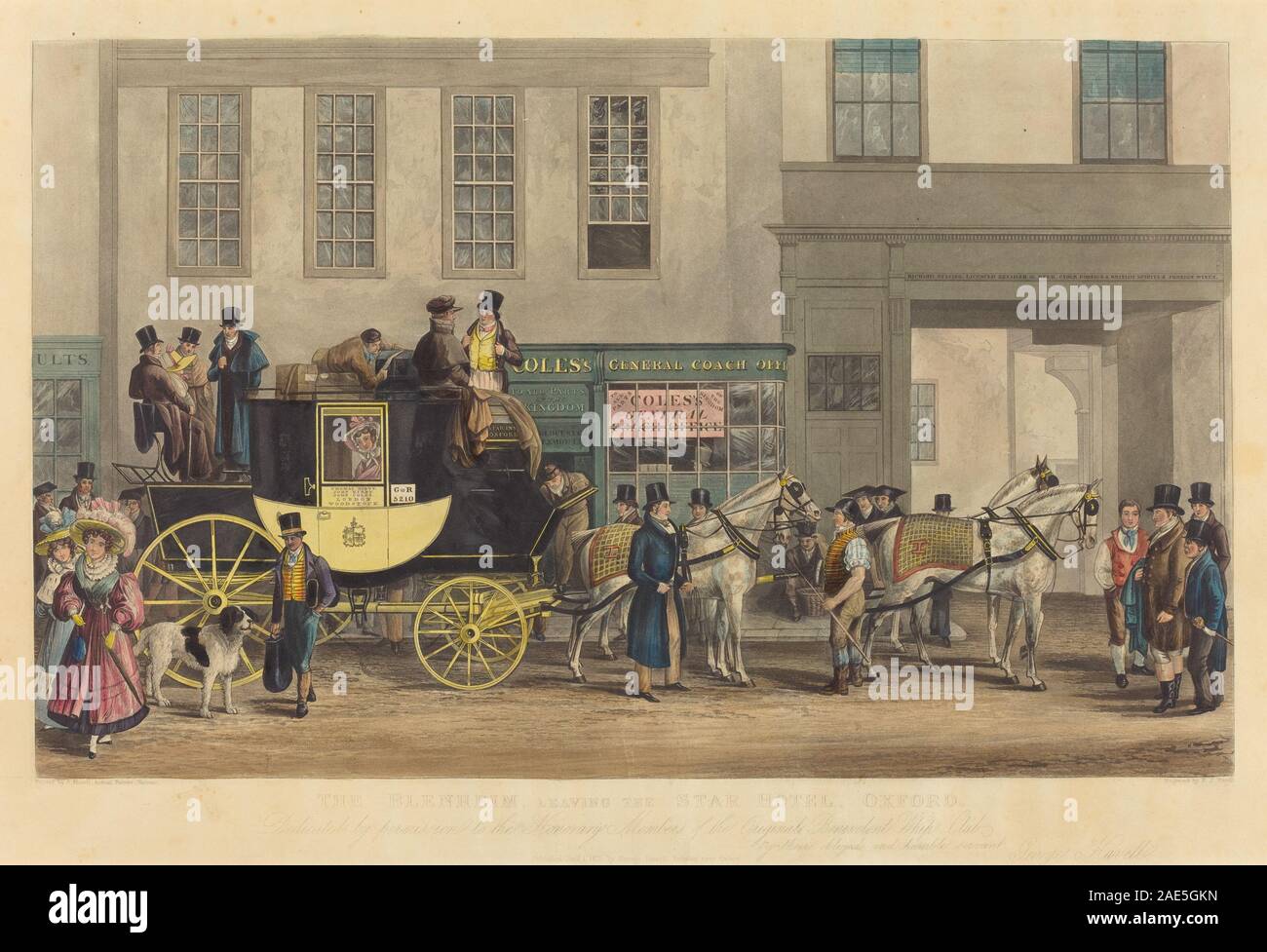 Un dipinto del 1831 di Frederick James Havell su George Havell raffigurante il Blenheim che lascia lo Star Hotel a Oxford, mostrando un pullman trainato da cavalli, viaggiatori, scena di strada e architettura urbana del XIX secolo. Foto Stock