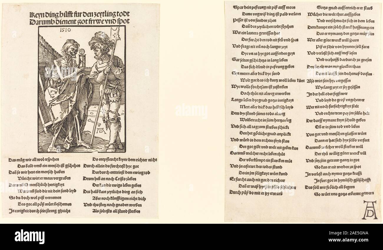 Death and the Lansquenet, creato nel 1510 da Albrecht Dürer, è una stampa che illustra un gioco di carte tra la morte e un soldato. L'opera evidenzia l'incisione dettagliata delle linee e la composizione drammatica caratteristica dello stile di Dürer. Foto Stock
