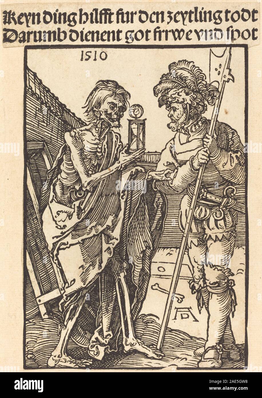 Un'incisione del 1510 di Albrecht Dürer raffigurante carte da gioco della morte con un soldato Lansquenet. Il lavoro mette in evidenza figure, gesti, espressioni e background dettagliato. Foto Stock