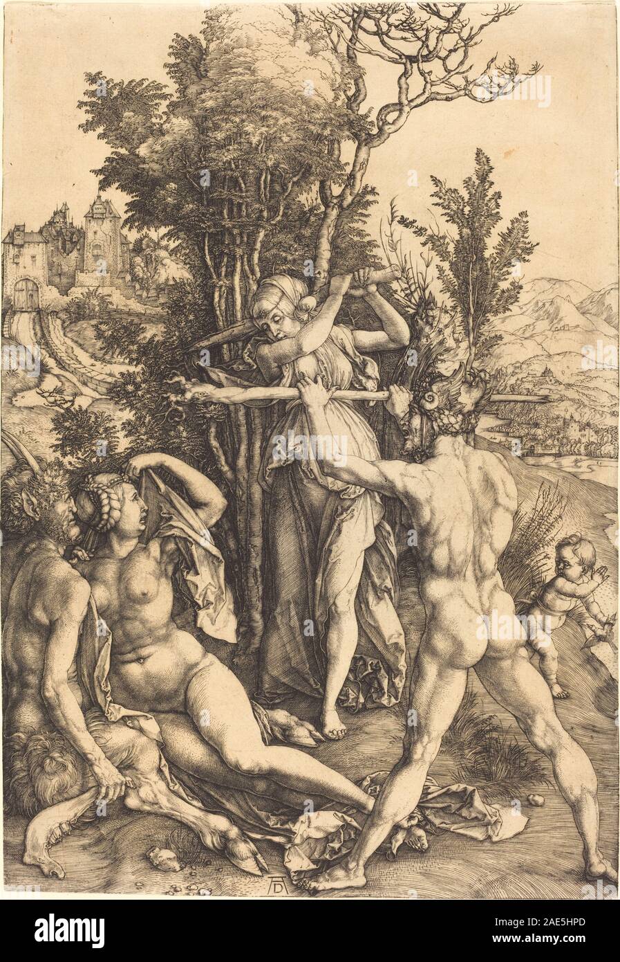 Un'incisione del 1498-1499 di Albrecht Dürer raffigurante Ercole al bivio, mostrando la figura, la scelta dei percorsi e gli oggetti simbolici che rappresentano la decisione morale. Foto Stock