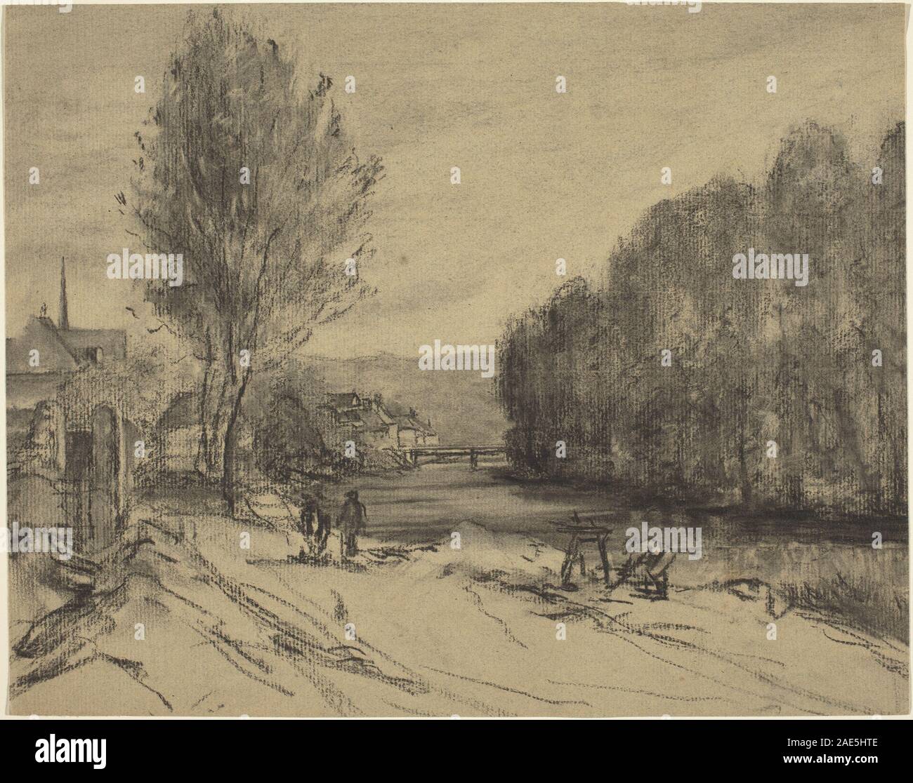 Pittura francese del XIX secolo che raffigura un paesaggio con un fiume, mettendo in evidenza paesaggi naturali, luce ed effetti atmosferici tipici dell'arte paesaggistica romantica europea. Foto Stock