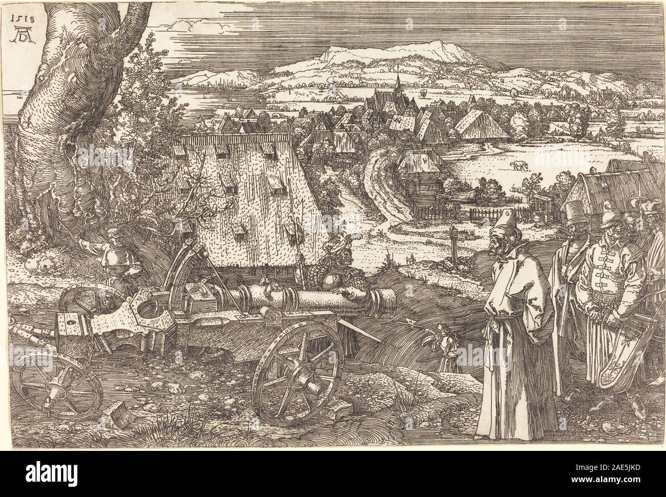 Un'incisione del 1518 di Albrecht Dürer che mostra una scena paesaggistica con un cannone, tra cui terreno, vegetazione, oggetti militari e stile incisivo dell'inizio del XVI secolo. Foto Stock