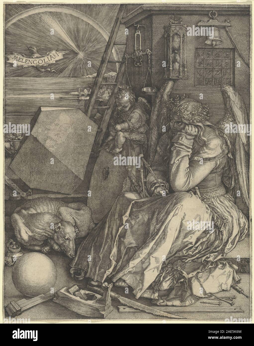 Un'incisione del 1514 di Albrecht Dürer raffigurante Melencolia i, che mostra una figura angelica, forme geometriche, strumenti e oggetti simbolici che rappresentano la malinconia e la contemplazione artistica. Foto Stock