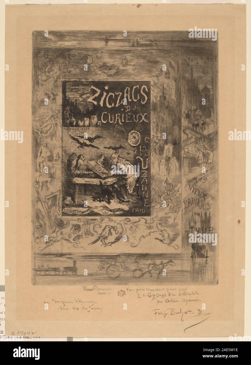 Un frontespizio creato nel 1888 da Félix-Hilaire Buhot per "Zigzags d'un Curieux" di Octave Uzanne. L'illustrazione raffigura figure allegoriche, tipografia decorativa e stile di incisione francese del XIX secolo. Foto Stock