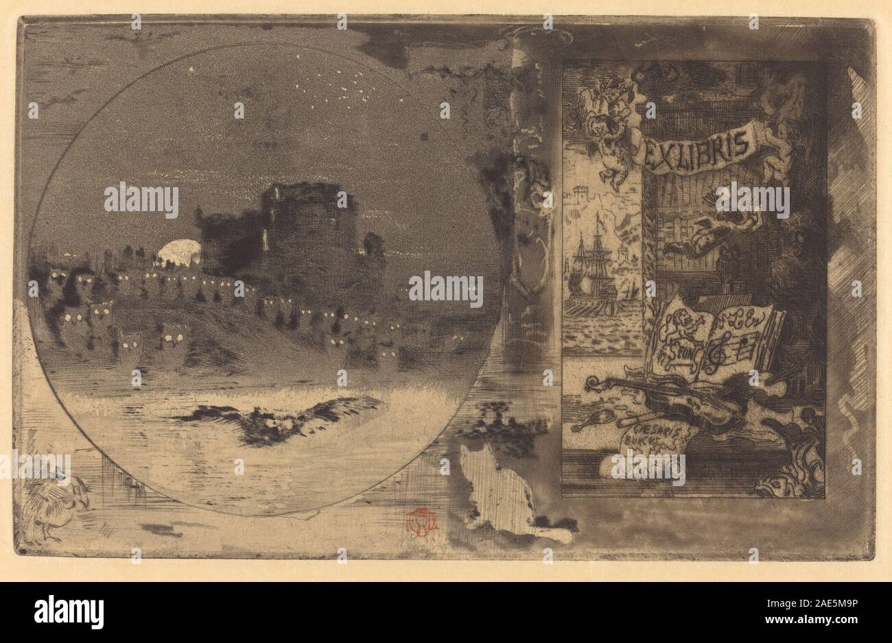 Castello dei gufi, 1877-1887 di Félix-Hilaire Buhot, raffigura un castello stravagante con motivi di gufo, forme architettoniche dettagliate e dintorni suggestivi. La stampa enfatizza gli elementi urbani francesi del XIX secolo e paesaggistici fantasiosi. Foto Stock