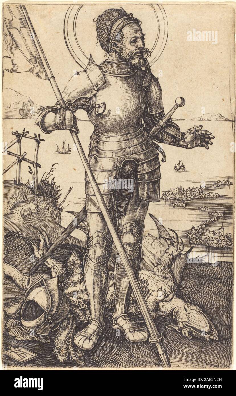 Un'incisione di Albrecht Dürer del 1507-1508 circa raffigurante San Giorgio in piedi, mostrando armatura, postura, elementi simbolici e tecnica di incisione dell'inizio del XVI secolo. Foto Stock