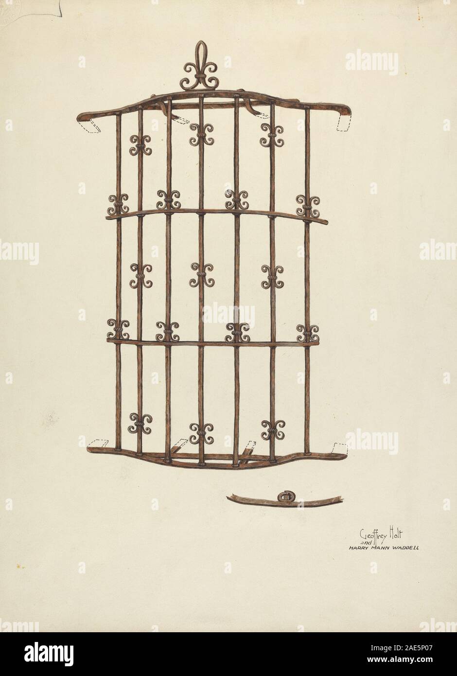 Una calandra in ferro creata da Geoffrey Holt e Harry Mann Waddell nel 1936, che mostra griglia, barre, struttura, disegno, costruzione, materiale, dimensioni e scopo funzionale. L'oggetto riflette le convenzioni di decorazione architettonica e metallurgica americane dell'inizio del XX secolo. Foto Stock