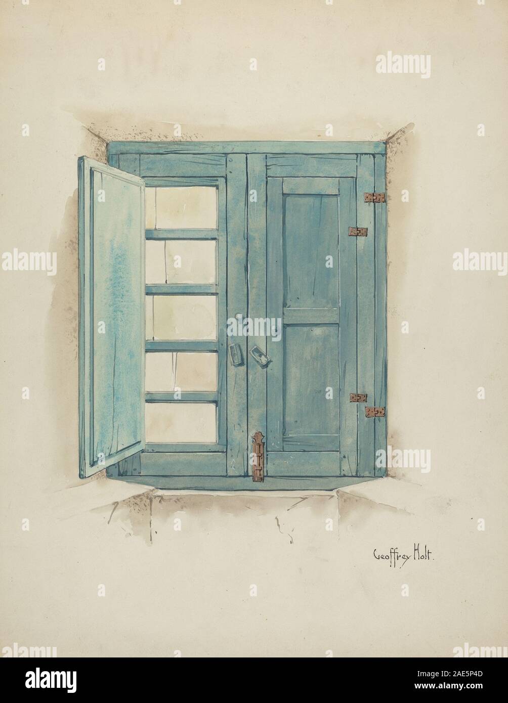 Griglia e finestra Mission-House (interni), c. 1940 di Geoffrey Holt raffigura la vista interna di un edificio della missione focalizzata su una finestra con una griglia protettiva. Il disegno enfatizza i dettagli architettonici, la luce e il design ecclesiastico dell'inizio del XX secolo. Foto Stock