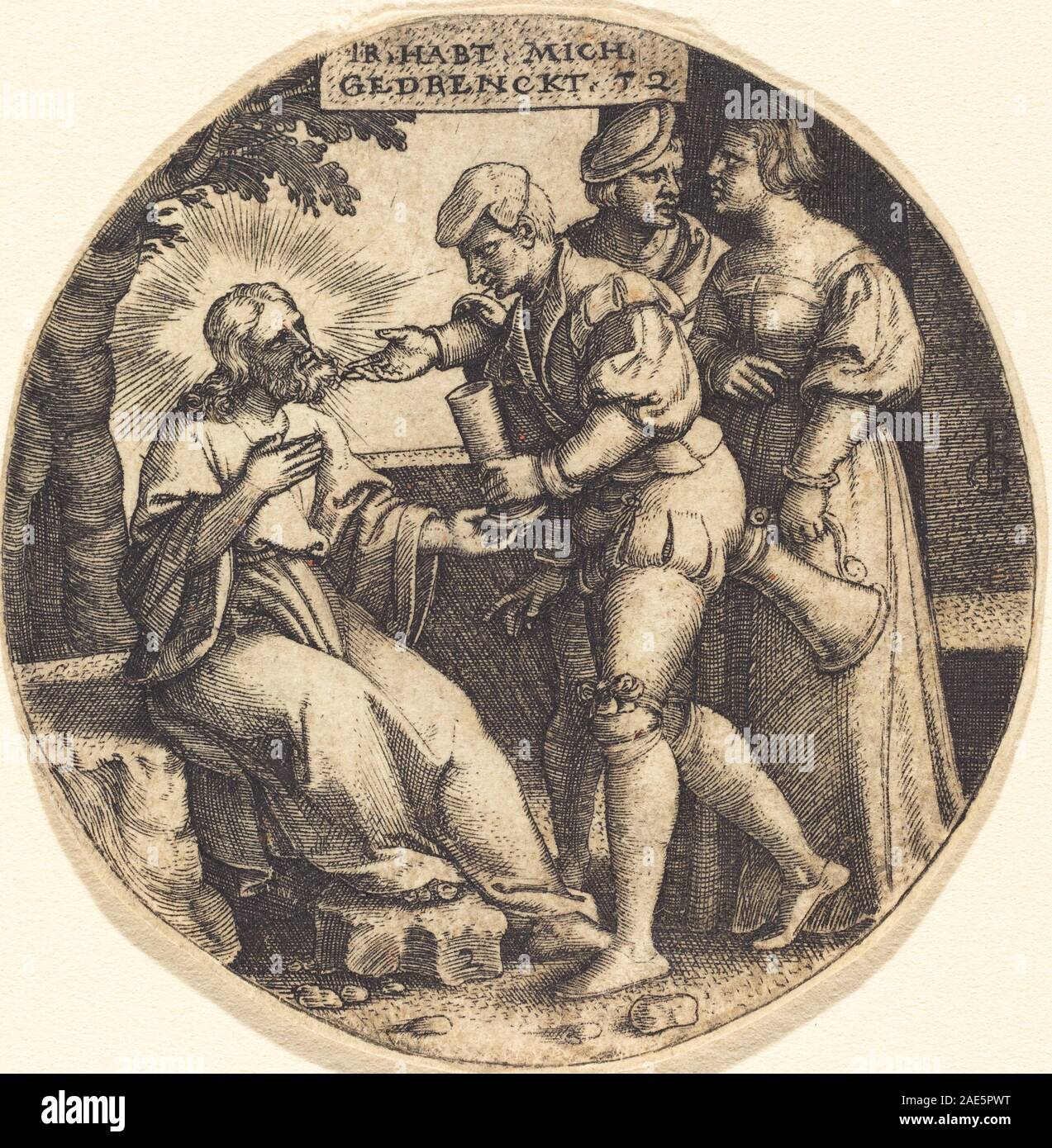 Incisione di Georg Pencz "per dare da bere alla sete" raffigurante figure che forniscono acqua alla sete, mostrando forma umana, gesti, tendaggi e narrazione religiosa nell'arte tedesca del XVI secolo. Foto Stock