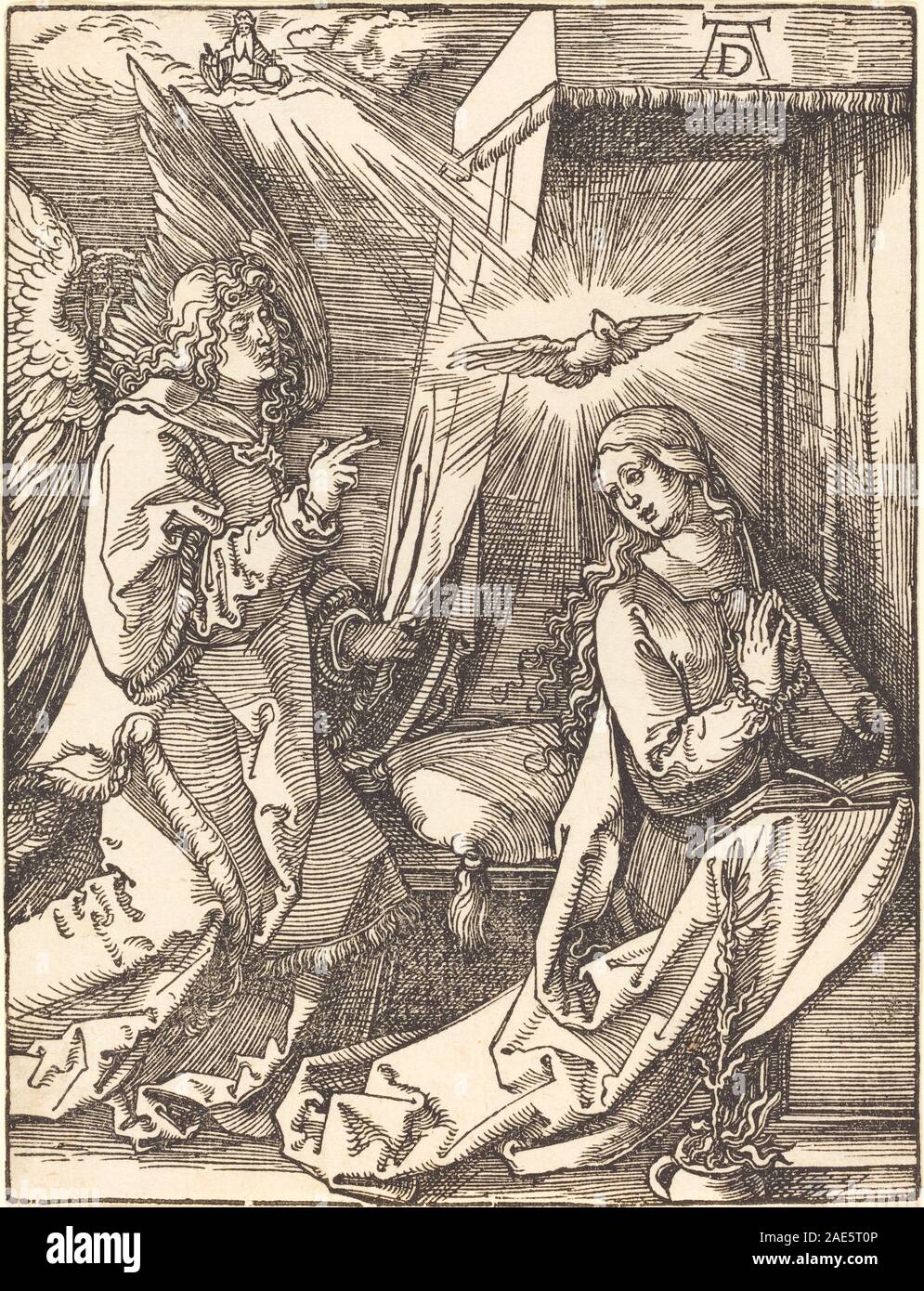 Un'incisione dell'Annunciazione di Albrecht Dürer del 1509-1510, raffigurante l'angelo Gabriele e la Vergine Maria, con elementi simbolici e stile dell'inizio del XVI secolo. Foto Stock