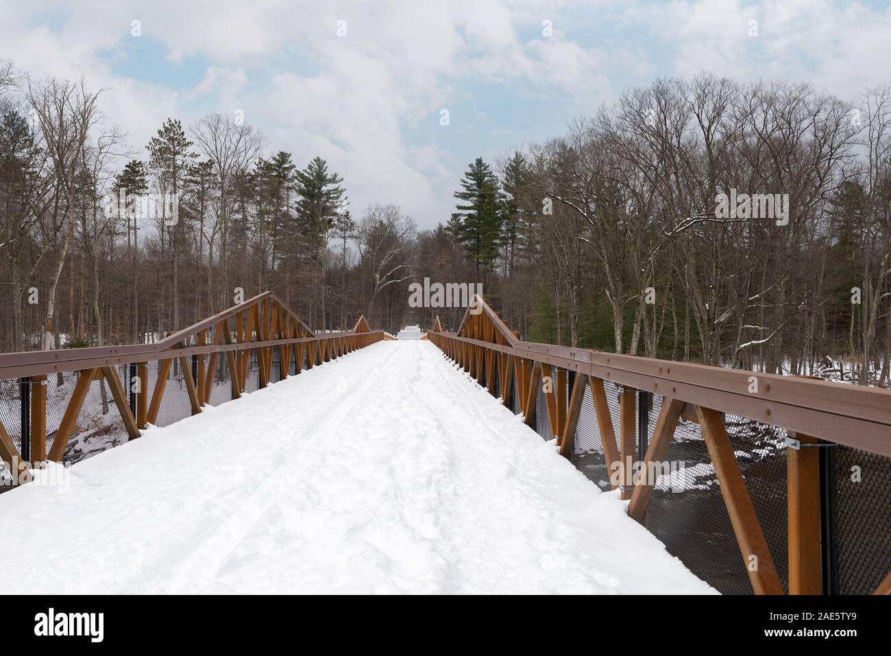 Aperto recentemente Boiceville Ponte sul Ashokan Rail Trail nella Hudson Valley di New York. Il sole, le nuvole e la neve. Aperto per escursionismo, lo sci di fondo Foto Stock