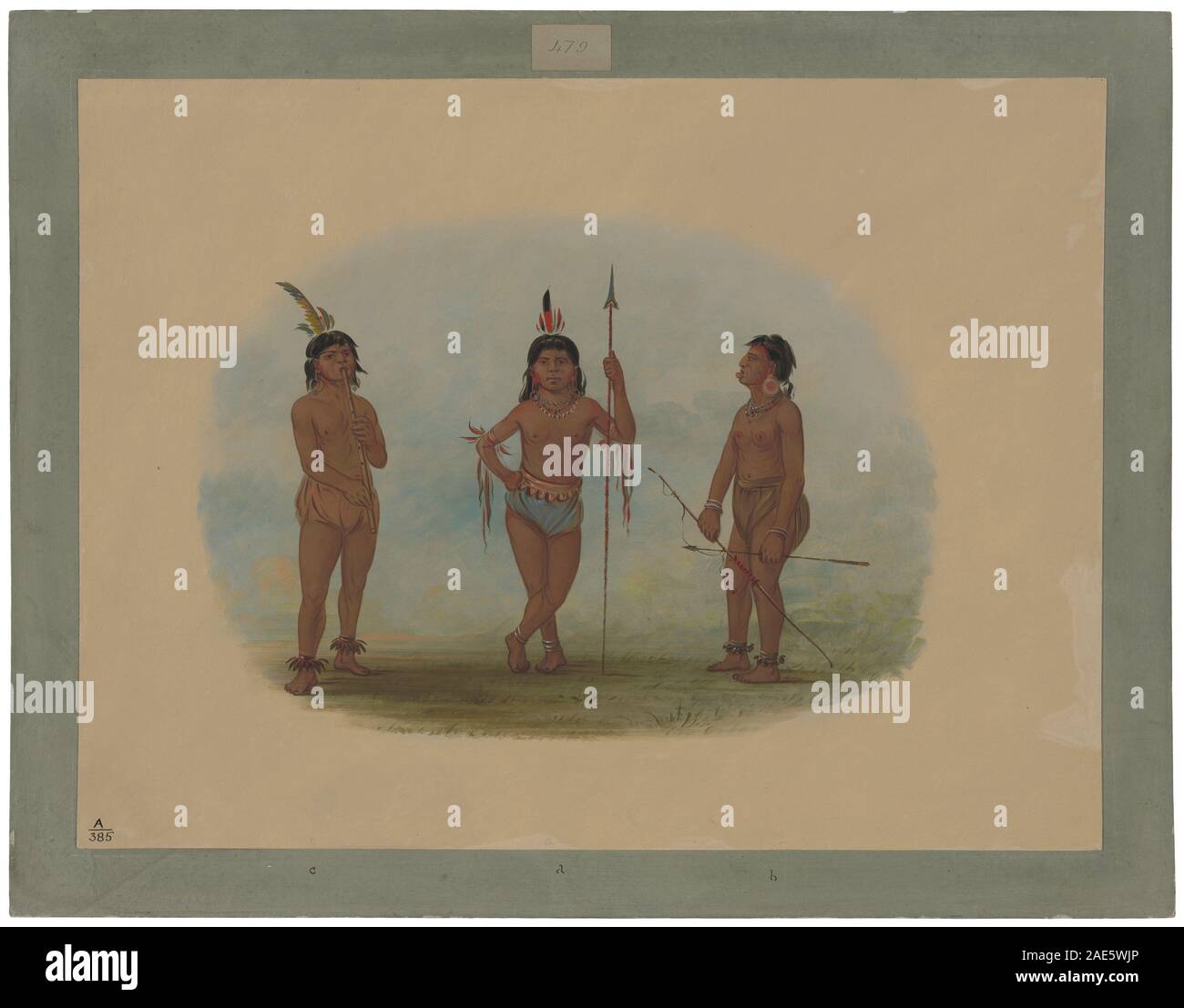 Un dipinto di George Catlin del 1854-1869 che raffigura tre giovani uomini di Tobos, che mostrano abbigliamento, postura, gesti, espressioni facciali, e contesto culturale della vita dei nativi americani della metà del XIX secolo. Foto Stock