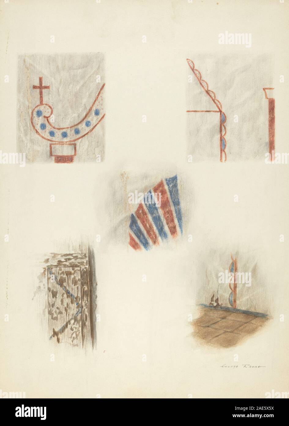 Il lavoro di George E. Rhone del 1935-1942 dimostra la tecnica artistica, mostrando strumenti, metodi e processi applicati utilizzati per la pittura o l'illustrazione, sottolineando le abilità pratiche e l'esecuzione. Foto Stock