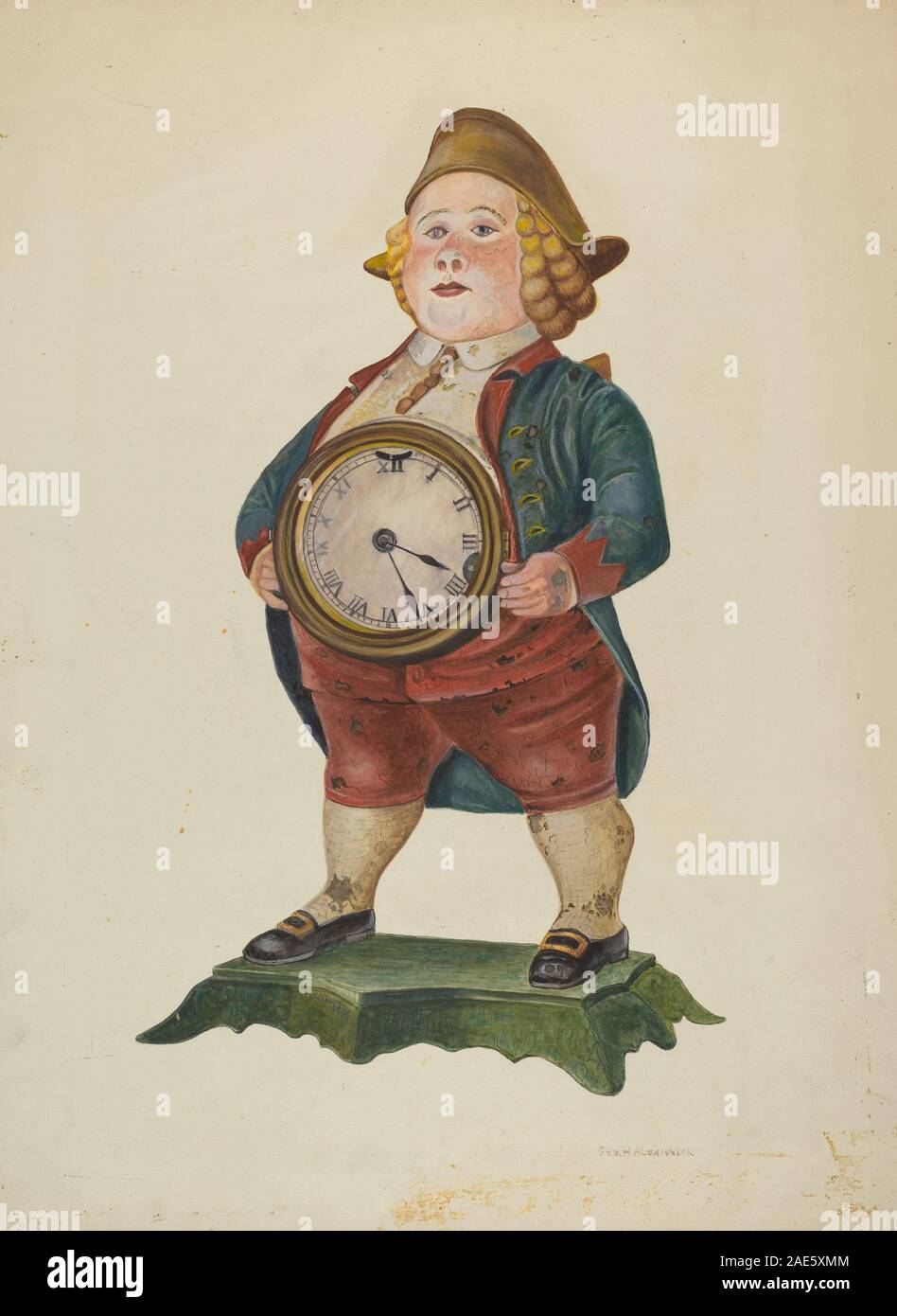 Un orologio in ghisa creato da George H. Alexander intorno al 1942, che mostra la costruzione in metallo, motivi decorativi, quadrante dell'orologio, lancette, numeri, pendolo e design americano della metà del XX secolo. Foto Stock