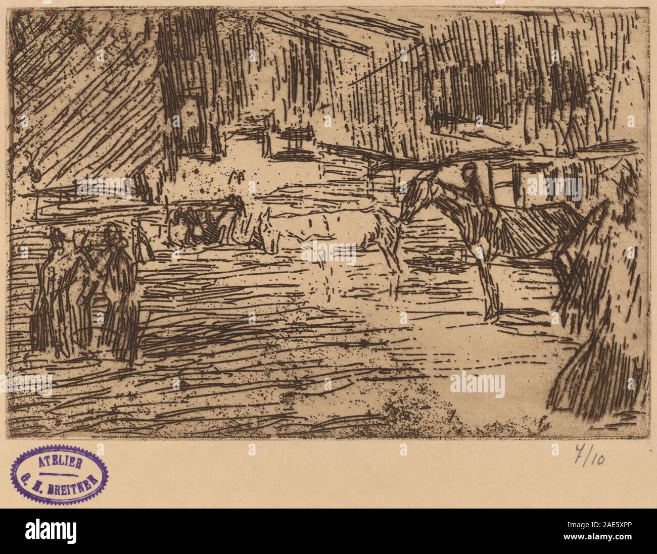 Un dipinto di George Hendrik Breitner raffigurante cavalli in piedi in un torrente poco profondo, che mostra riflessi d'acqua, postura animale, paesaggio naturalistico e stile artistico olandese del tardo XIX secolo. Foto Stock