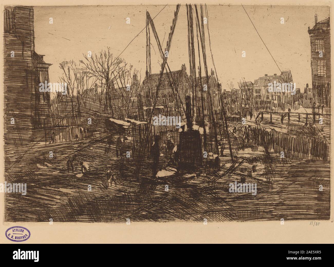 Raffigura un paesaggio urbano olandese con edifici, strade e un autista in primo piano, catturando la vita urbana e l'attività industriale. Dipinto da George Hendrik Breitner, enfatizza i dettagli architettonici e umani realistici. Foto Stock