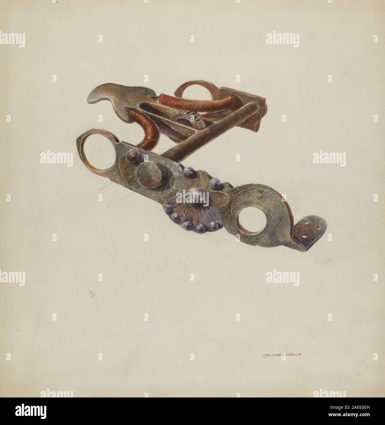 Punta equestre realizzata tra il 1935 e il 1942 da Gerald Transpota, che mostra boccaglio in metallo, anelli, design funzionale per il controllo del cavallo e artigianato. Foto Stock