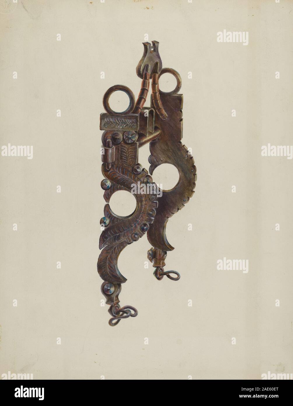 Bit di Gerald Transpota, c. 1937, punta a cavallo in metallo, equipaggiamento equestre funzionale, design, cura artigianale, pratico strumento e accessorio di guida. Foto Stock