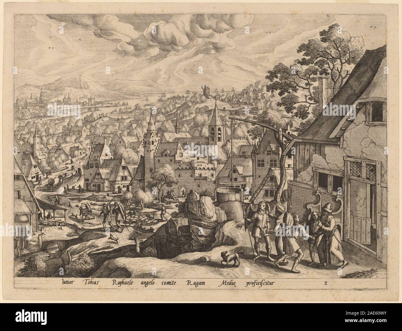 Un'impronta di Gerard de Jode dopo Hans Bol raffigurante l'Arcangelo Raffaello che conduce Tobias dalla sua casa, mostrando angelo, bambino, gesto, architettura, paesaggio e scena narrativa caratteristica delle stampe fiamminghe del tardo XVI secolo. Foto Stock