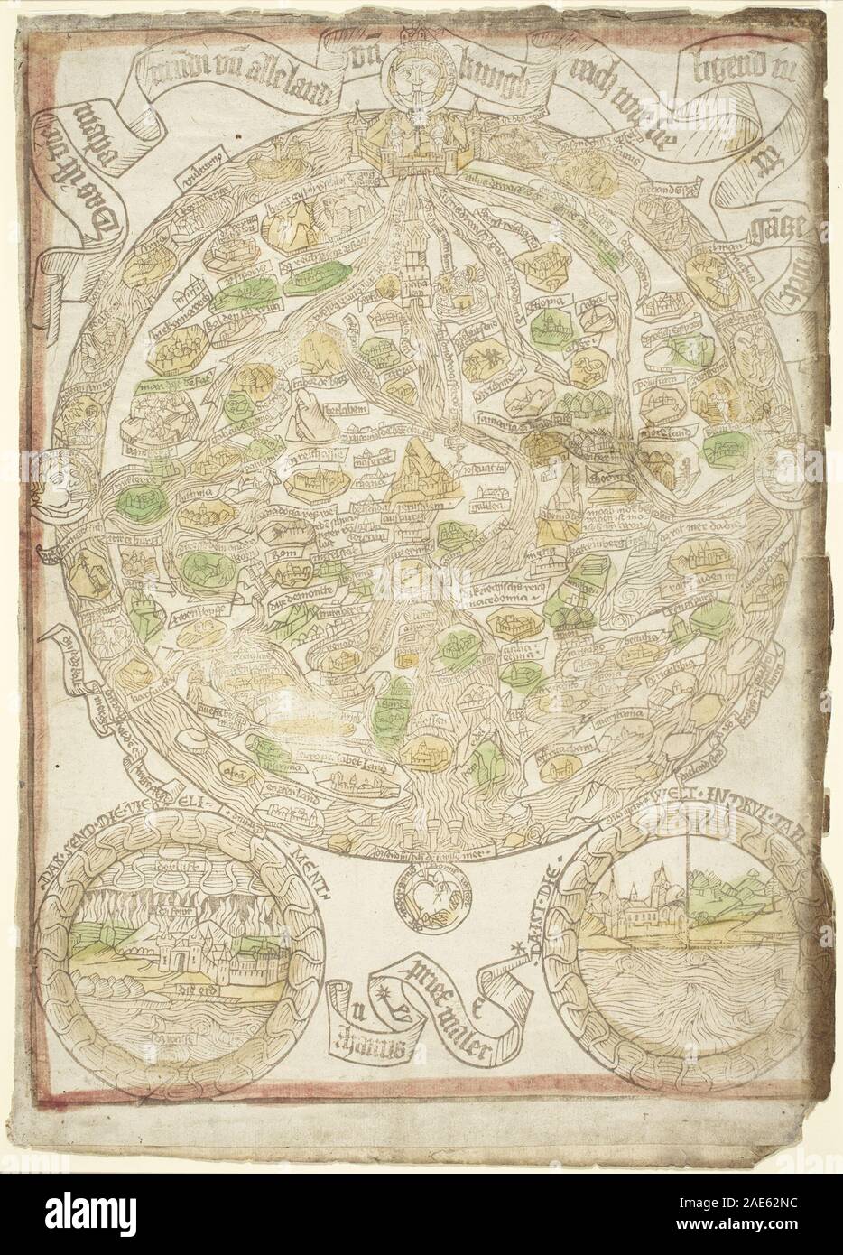 Una mappa tedesca del 1480 circa raffigurante il mondo, illustrando continenti, oceani e caratteristiche geografiche nello stile della cartografia del XV secolo. Foto Stock