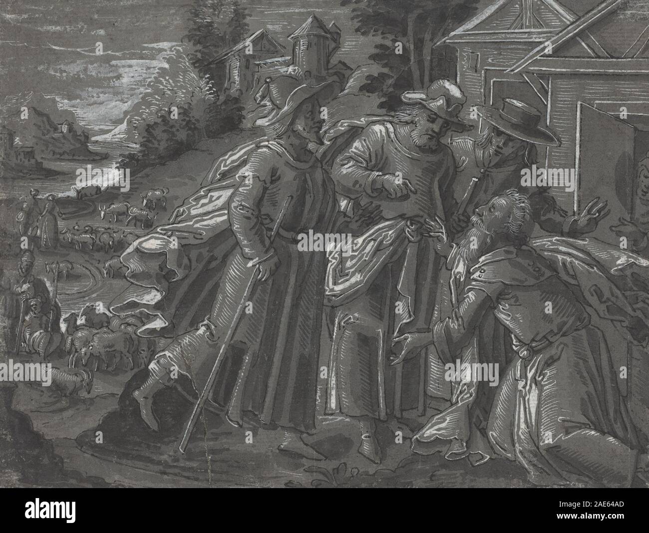 Abraham Entertaining the Angels, 1600 ca. Il XVI secolo tedesco raffigura Abramo che riceve visitatori angelici, mostrando ospitalità, gesti, spazio interno e narrazione biblica. Foto Stock