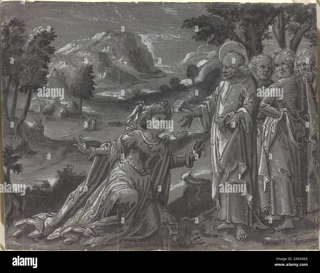 Illustrazione di Cristo e dell'adultera, opere d'arte tedesche del 1600 circa, che evidenziano la narrazione biblica, la lezione morale e le caratteristiche stilistiche del tardo Rinascimento. Foto Stock