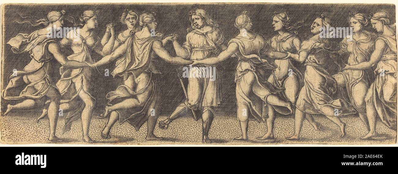 Un dipinto tedesco del XVI secolo raffigurante Apollo che danzava con le nove Muse, mostrando figure classiche, gesti e simbolismo mitologico. Foto Stock