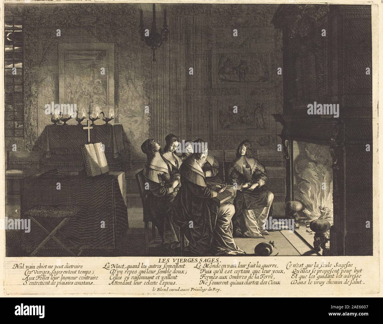 Le vergini sagge prima del fuoco di Abraham Bosse raffigurano la parabola biblica delle dieci vergini con lampade davanti al fuoco, enfatizzando la narrazione, la disposizione delle figure e il simbolismo religioso. Foto Stock