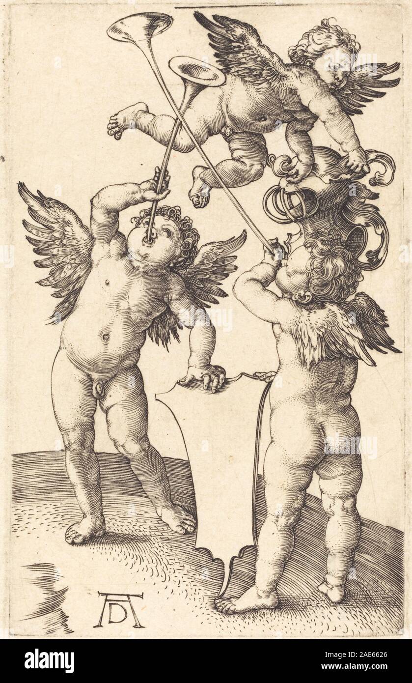 Incisione "Three Genii" di Albrecht Dürer, circa 1505. L'opera raffigura tre figure mitologiche, illustrando anatomia dettagliata, composizione e tecniche di stampa dei primi anni del XVI secolo. Foto Stock
