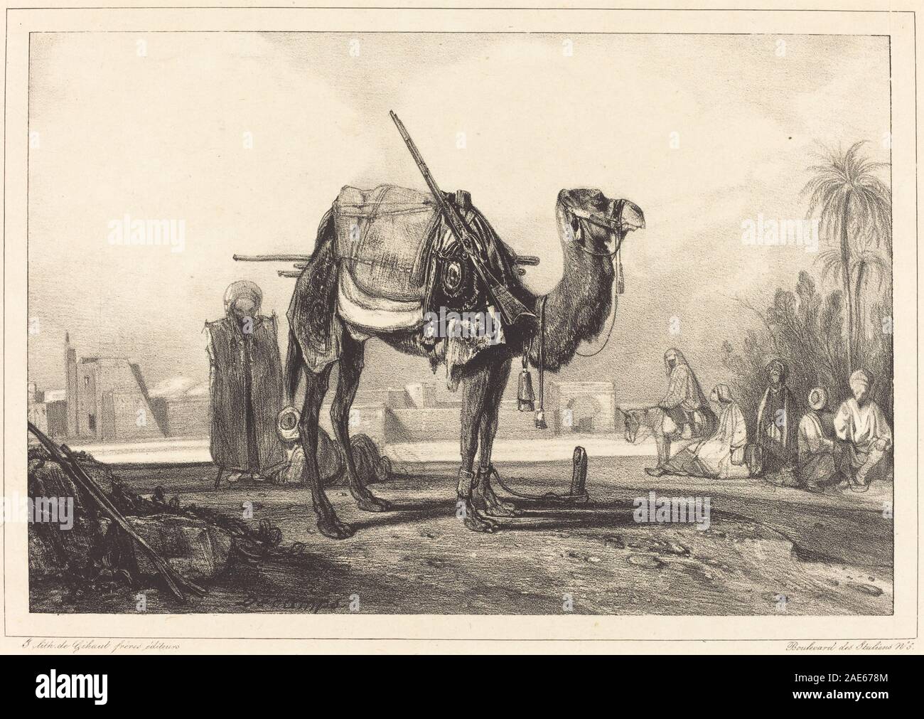 Cammello e arabi, dipinti da Alexandre-Gabriel Decamps a metà del XIX secolo, raffigurano cammelli accompagnati da figure arabe nel terreno desertico, illustrando il paesaggio mediorientale e la rappresentazione culturale. Foto Stock