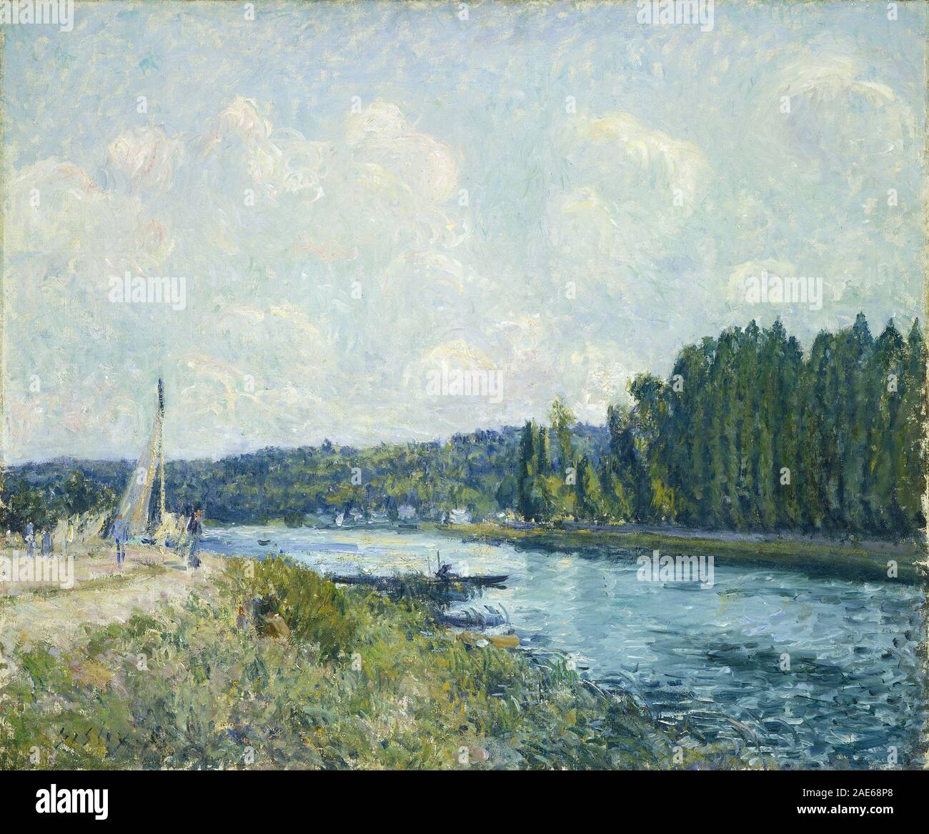 Dipinto di Alfred Sisley del 1877-1878 che raffigura le rive del fiume Oise, mostrando paesaggio, acqua, vegetazione ed effetti atmosferici in uno stile impressionista. Foto Stock