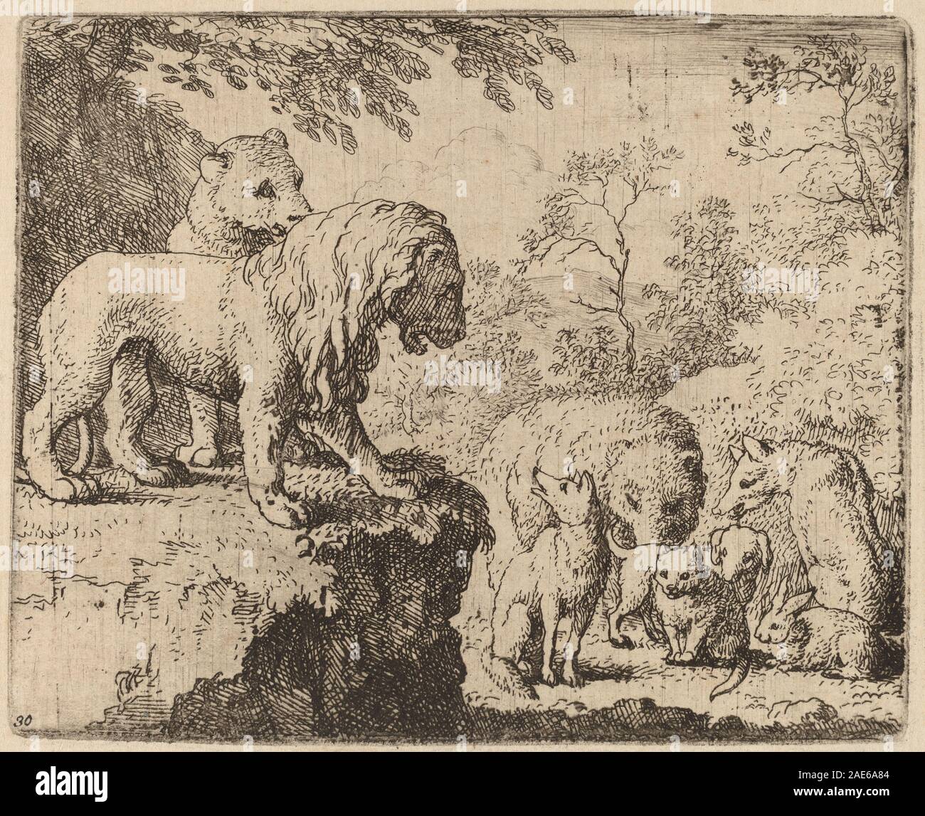 Raffigura un leone che perdona Reynard la volpe in presenza di altri animali, ambientato in un paesaggio rurale, dipinto da Allart van Everdingen intorno al 1645-1656, che illustra scene narrative olandesi del XVII secolo. Foto Stock
