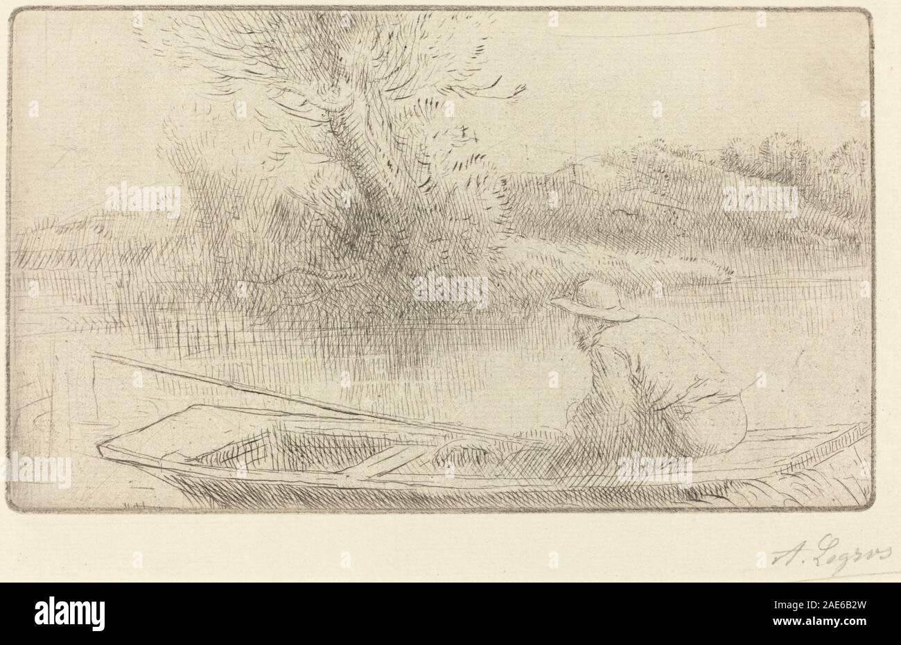 Un paesaggio di Alphonse Legros che raffigura il fiume Tamigi con case, alberi lungo la riva, barche e terreno circostante, mostrando prospettiva e paesaggi naturali dettagliati. Foto Stock