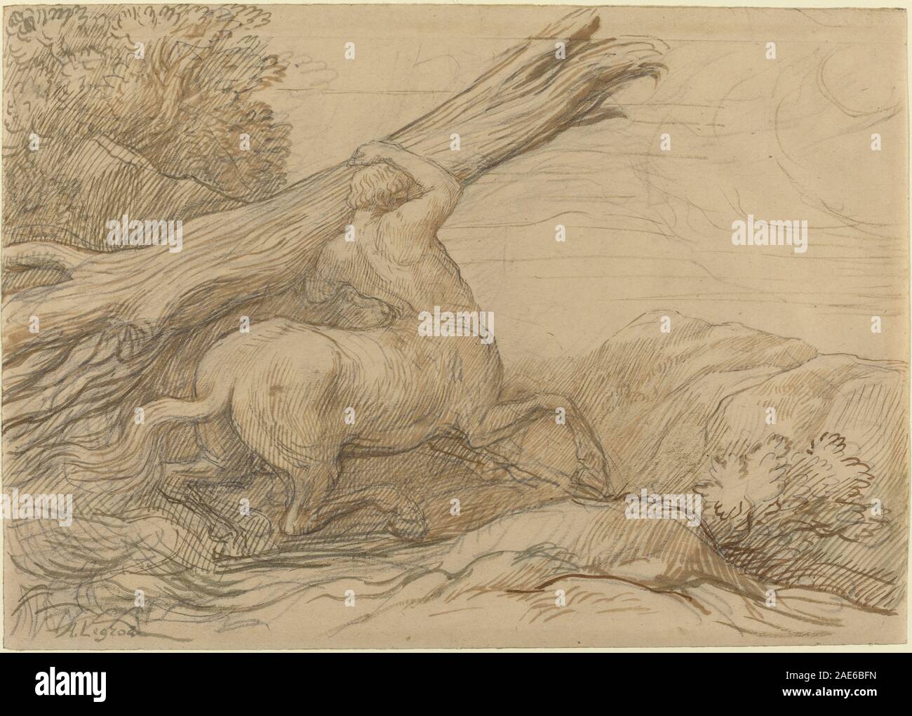 Centaur Caring a Tree Trunk di Alphonse Legros raffigura un centauro mitologico che solleva o trasporta un grande tronco di albero, enfatizzando l'anatomia ibrida uomo-animale, la muscolatura e la composizione artistica classica. Foto Stock