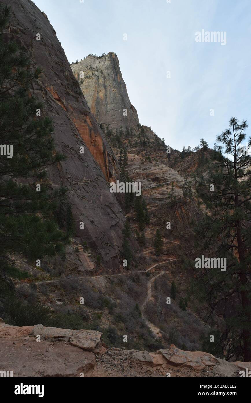 Il sentiero al Canyon di nascosto a zig-zag il suo modo attraverso la roccia sul bordo est del Canyon Zion. Foto Stock