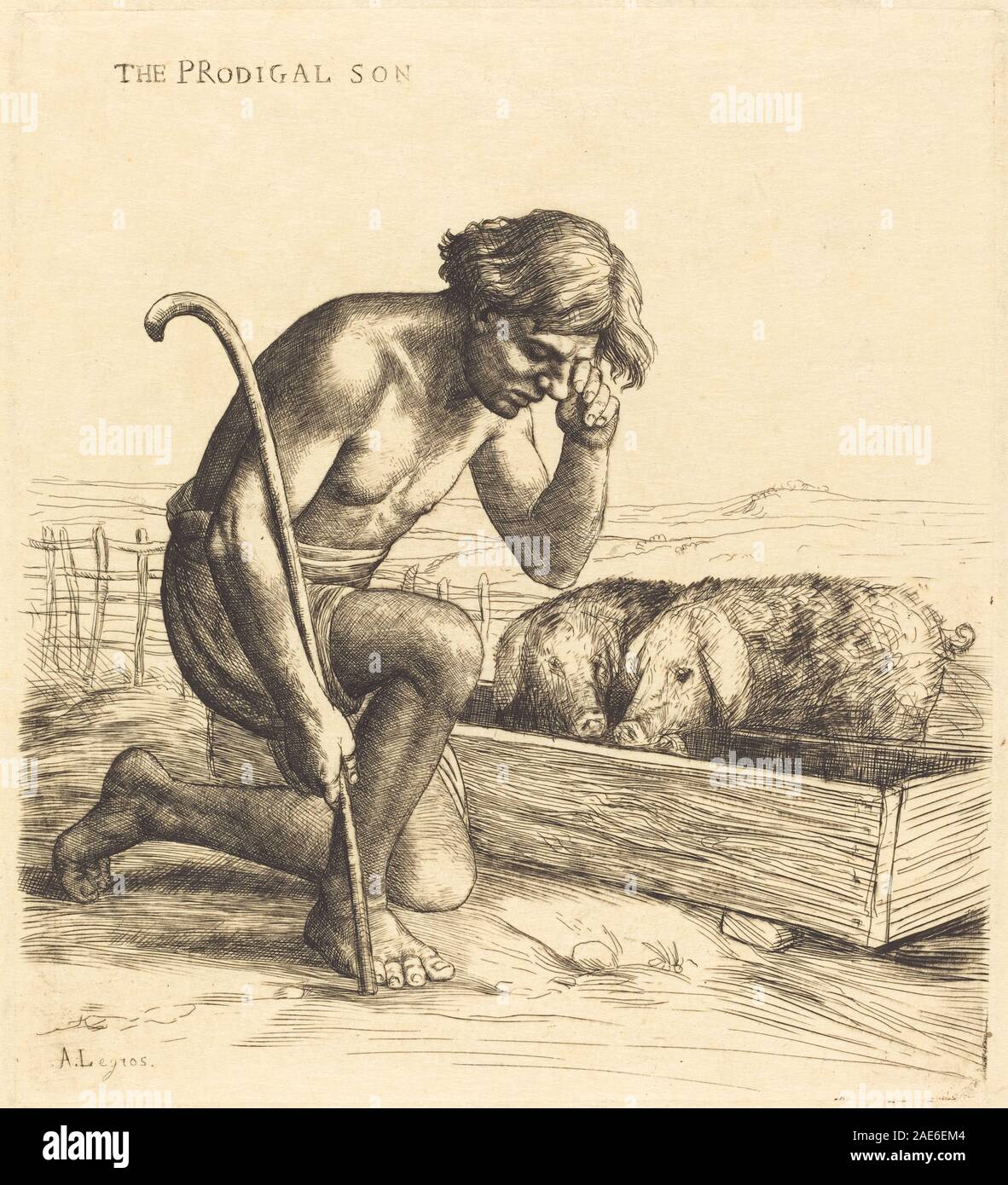 Incisione "il figlio prodigo", 1° piatto di Alphonse Legros raffigura la parabola biblica con figure, gesti e ambientazione che illustrano lo stile illustrativo francese del XIX secolo. Foto Stock