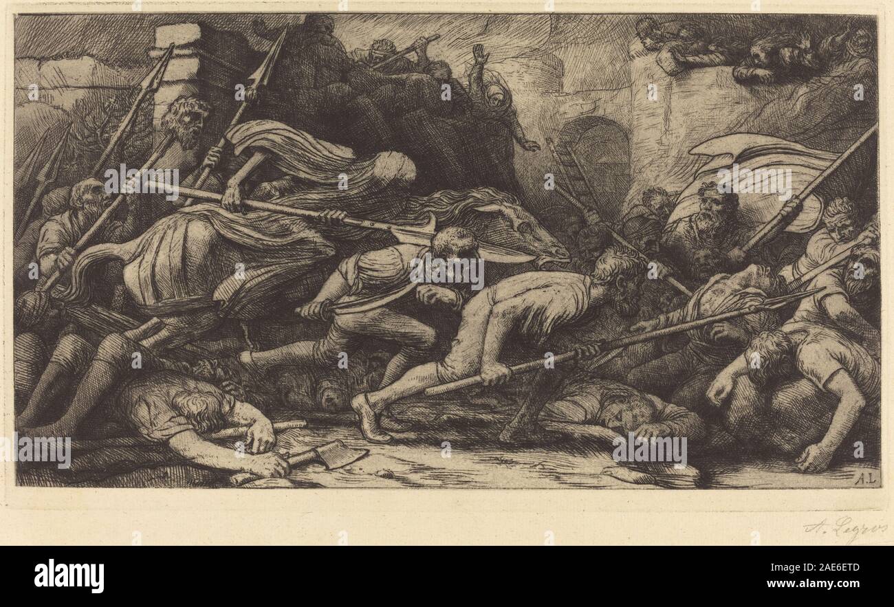 Il trionfo della morte: La battaglia di Alphonse Legros raffigura una scena drammatica di conflitto e morte, mostrando figure umane, armature, armi, caduti, e l'interpretazione artistica europea del XIX secolo della mortalità e della battaglia. Foto Stock