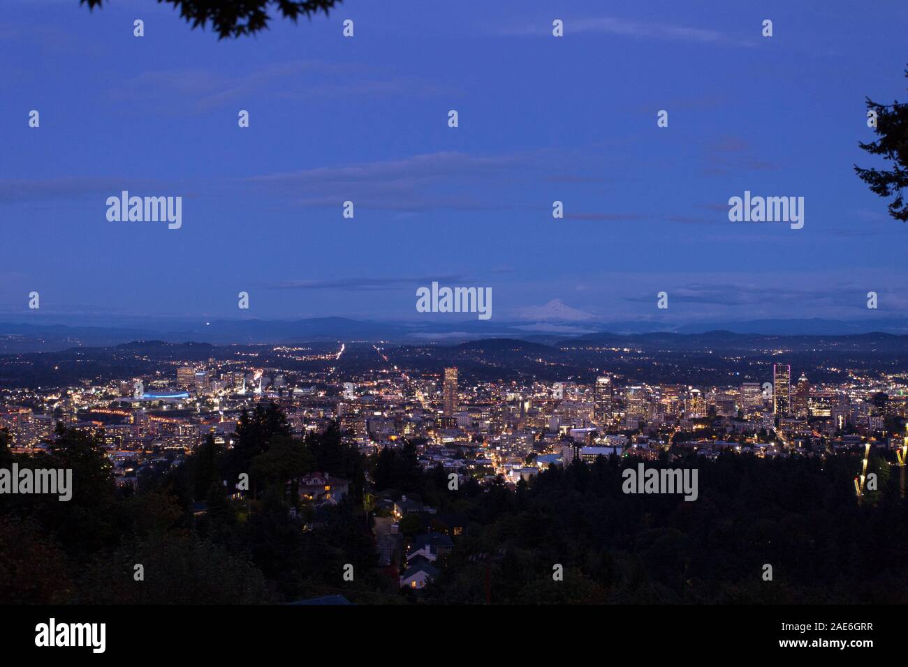 Portland Oregon cityscape skyline e Mt. Cappa in lontananza. Notte proveniente da sopra la città di Portland Oregon USA America. Foto Stock