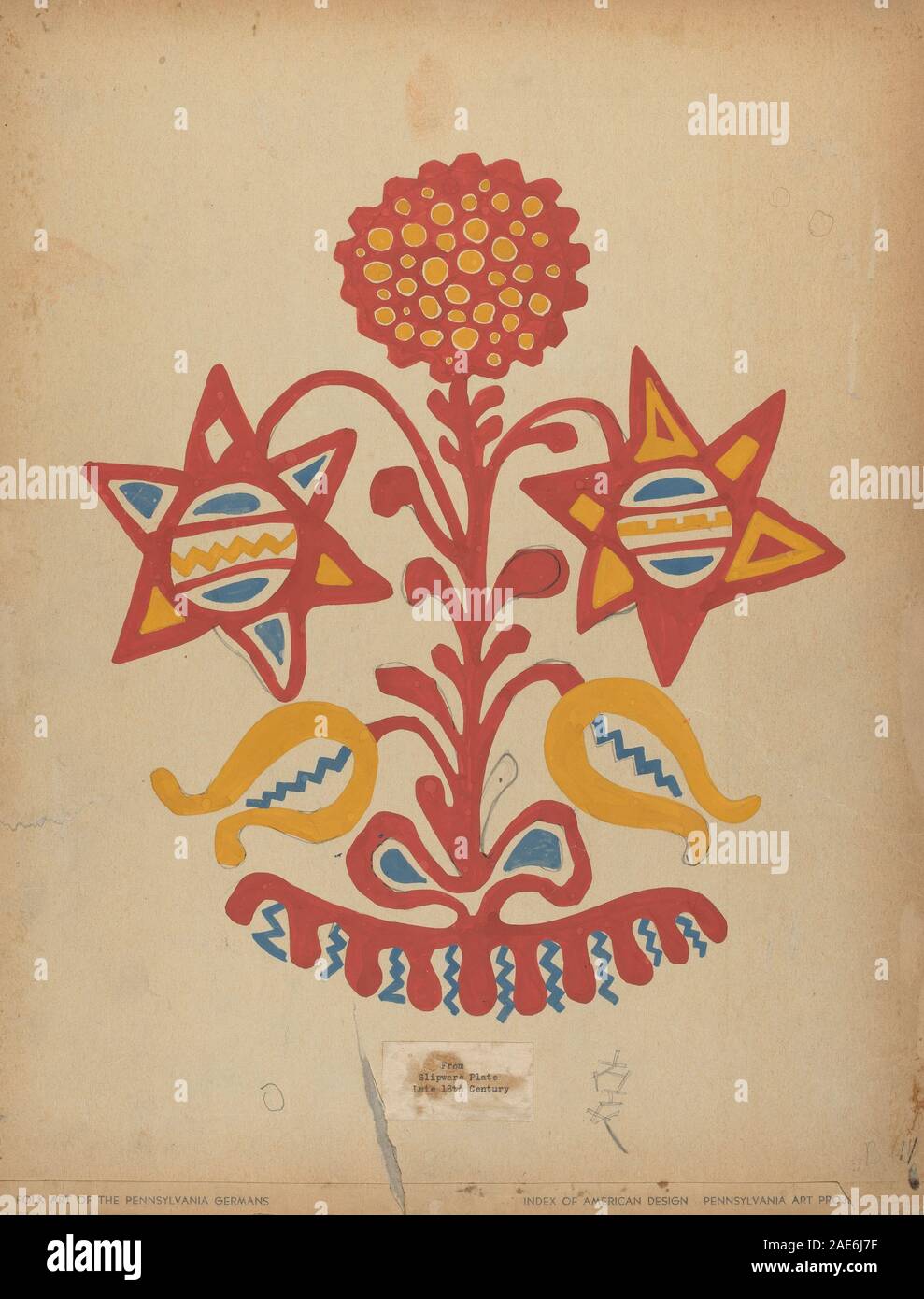 Questo disegno per il piatto 11 raffigura l'arte popolare rurale della Pennsylvania intorno al 1939, enfatizzando motivi decorativi, lavori di linea, pattern e composizione all'interno dello stile dell'arte popolare americana dell'inizio del XX secolo. Foto Stock