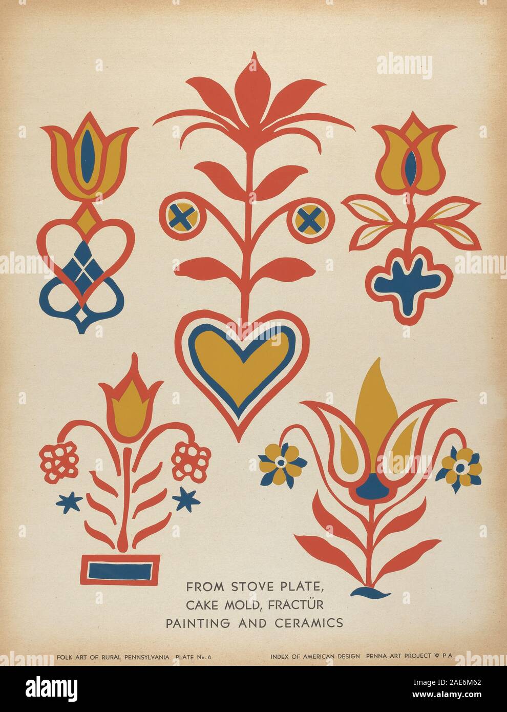 Questo piatto raffigura l'arte popolare della Pennsylvania intorno al 1939, evidenziando motivi decorativi, motivi rurali, composizione e stile folk americano del XX secolo. Foto Stock