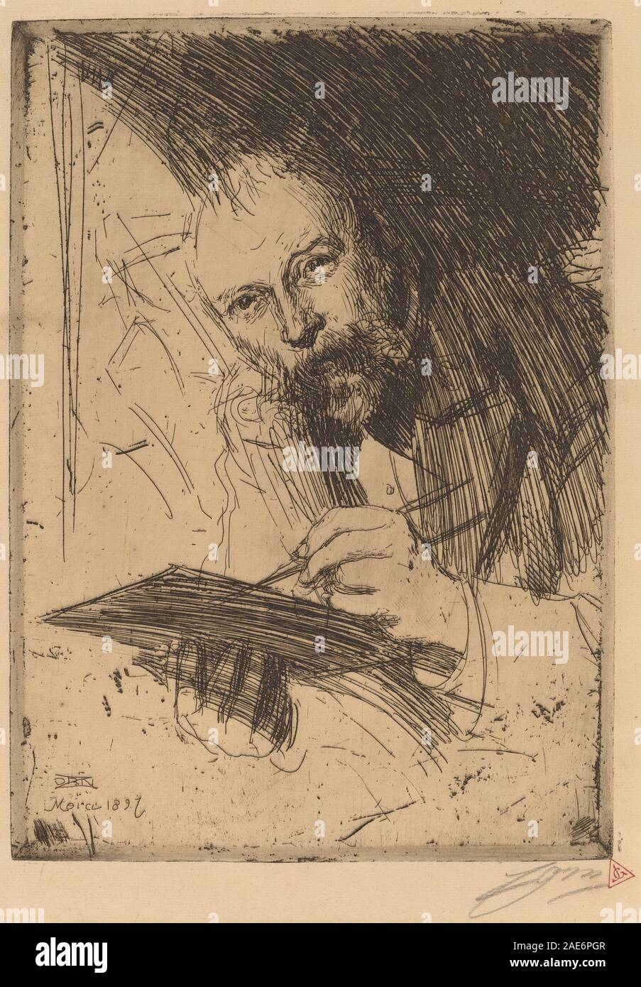 Raffigura Carl Larsson che mostra ritratto, tratti facciali, postura, espressione, abbigliamento, sfondo e caratteristiche stilistiche del dipinto di Anders Zorn del 1897. Foto Stock