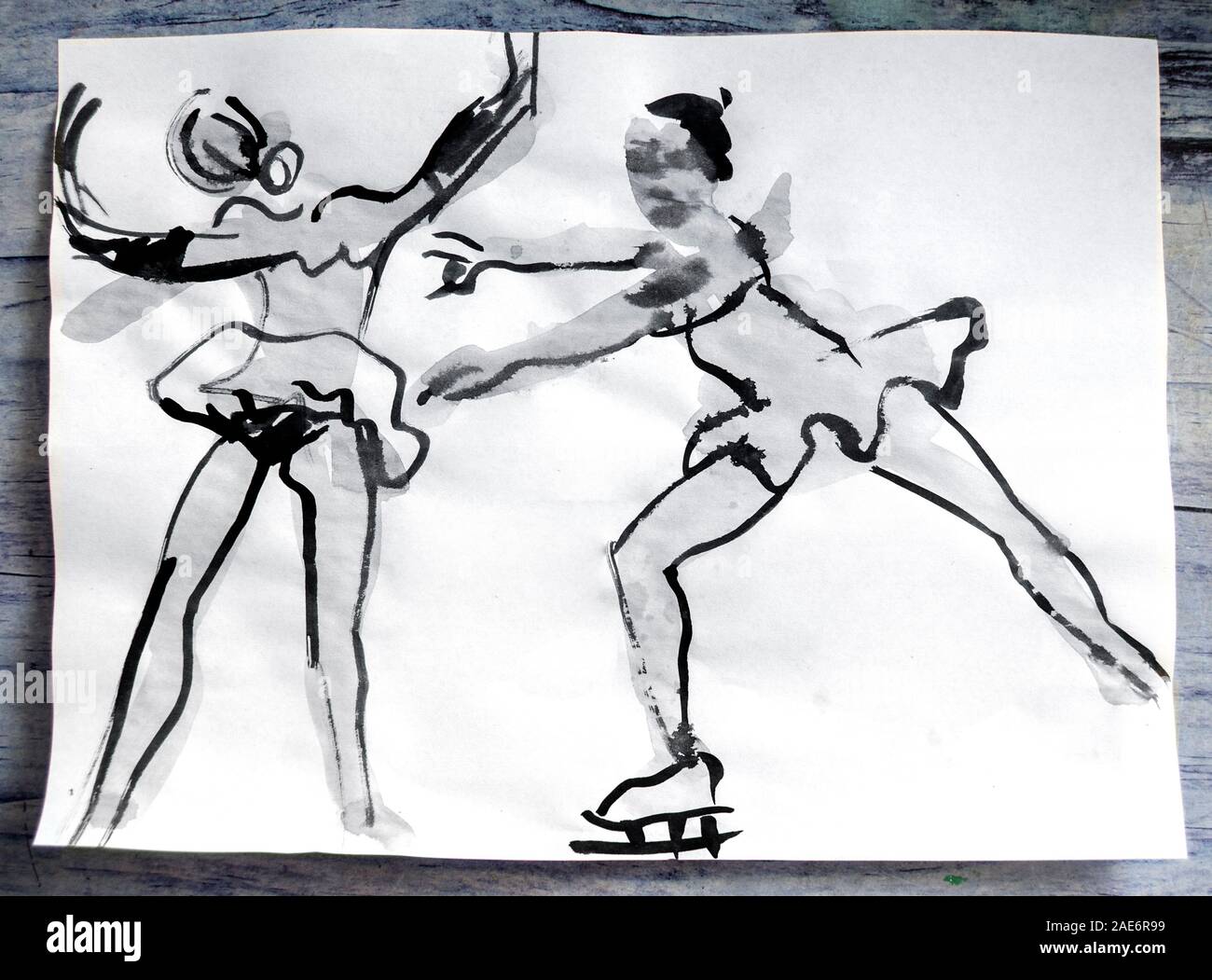 Disegno ad acquerello di due danzatori su uno sfondo bianco. Ballerina schizzi Foto Stock