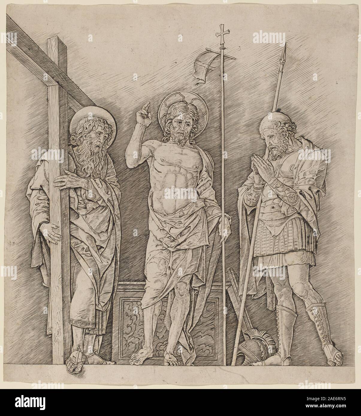 Cristo risorto tra i santi Andrea e Longino; c. 1472 Andrea Mantegna, Cristo risorto tra i santi Andrea e Longino, c 1472 Foto Stock