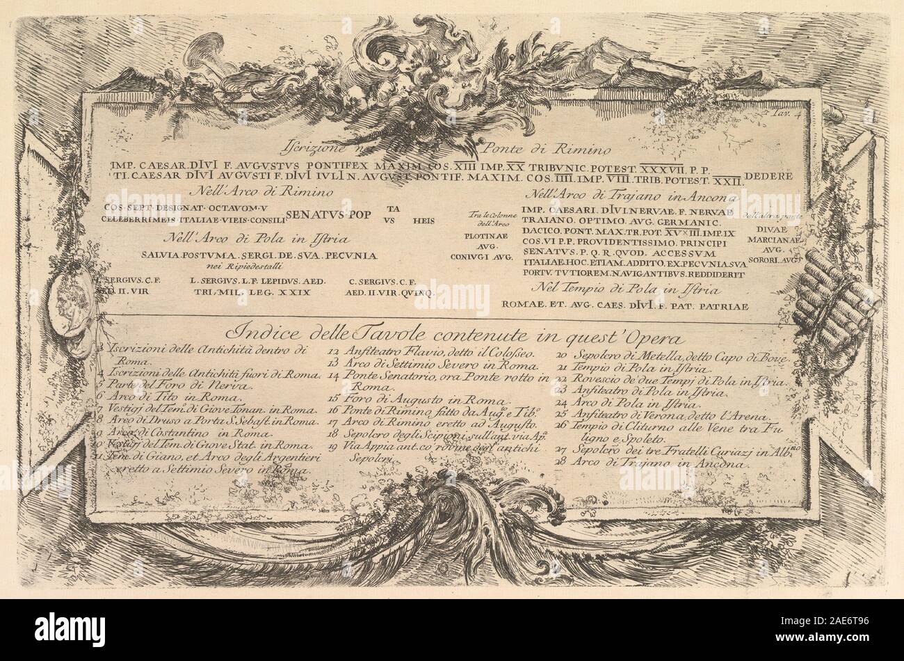 Inizio " Iscrizione nei lati del ponte di Rimino' ('iscrizione sul lato del ponte di Rimini") e seguito da un indice di piastre nel volume. Artista: Giovanni Battista Piranesi (italiano, Mogliano Veneto Roma 1720-1778). Dimensioni: Piastra: 9 1/4 × 14 7/16 in. (23,5 × 36,7 cm) foglio: 13 1/16 × 18 13/16 in. (33,1 × 47,8 cm). Serie/Portfolio: Antichità Romane de' tempi della Repubblica e de' primi imperatori (antichità romana del tempo della repubblica e i primi imperatori). Data: ca. 1748. Museo: Metropolitan Museum of Art di New York, Stati Uniti d'America. Foto Stock