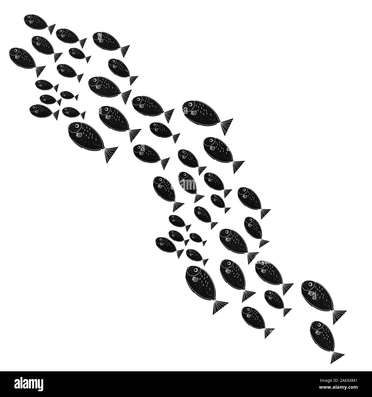 Silhouette di un gruppo di pesci di mare, piccoli animali underwater isolato su bianco. Piccola vita nel mare di pattern. Ambiente di oceani e fiume. Foto Stock