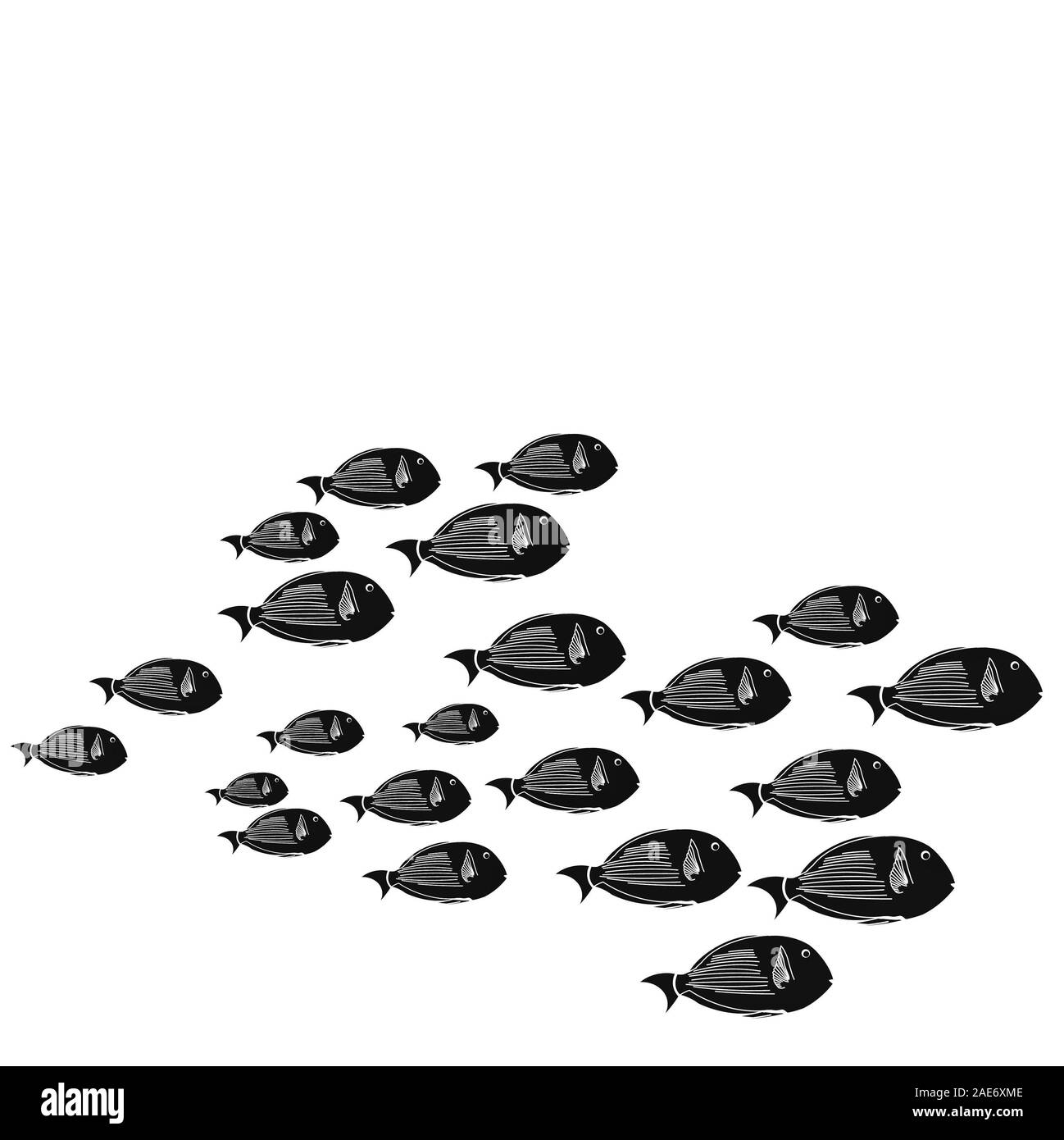 Silhouette di un gruppo di pesci di mare, piccoli animali underwater isolato su bianco. Piccola vita nel mare di pattern. Ambiente di oceani e fiume. Foto Stock