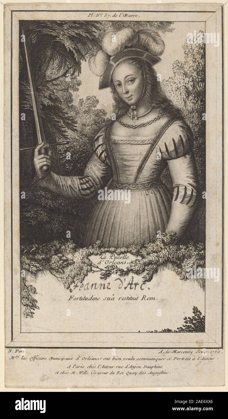 Un dipinto datato 1769 di Antoine de Marcenay de Ghuy, in onore di Lucas Cranach il Vecchio (attribuito), raffigurante Jeanne d'Arc, nota anche come la Maid di Orléans, in armatura. La composizione enfatizza figura, postura, espressione facciale, abbigliamento, gesto, e contesto storico. Foto Stock