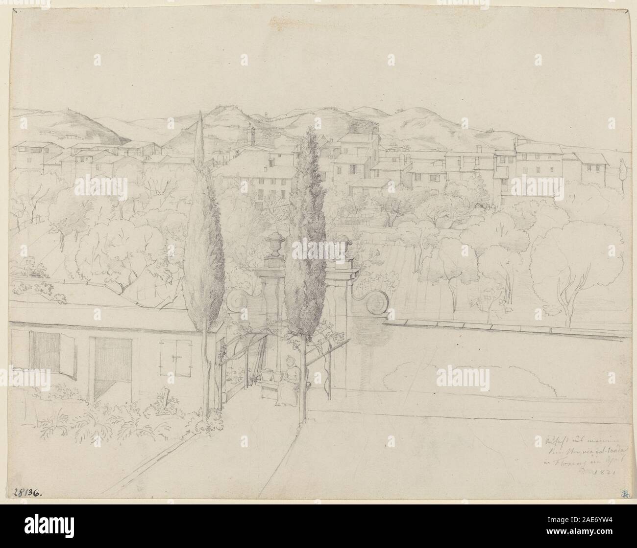 Un acquerello del 1821 di Anton Krüger che mostra i giardini di Firenze visti dalla finestra dell'artista, raffiguranti alberi, sentieri, architettura, terrazze, cielo e prospettiva. Foto Stock